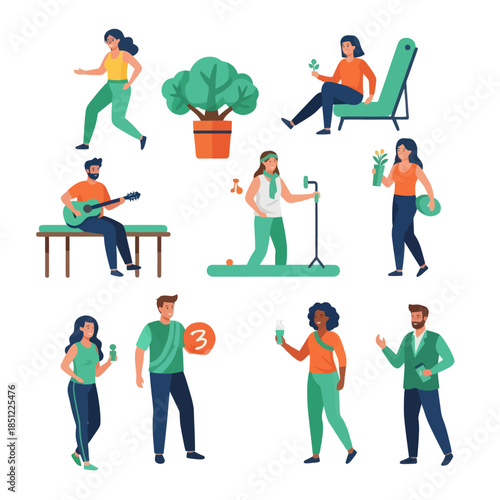 Diverse group of people engaging in various indoor and outdoor activities highlighting lifestyle