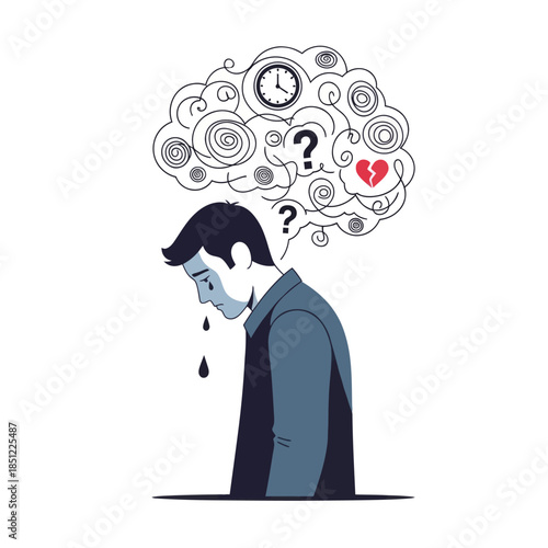 Depiction of a man overwhelmed by complex thoughts and emotions representing mental health struggles