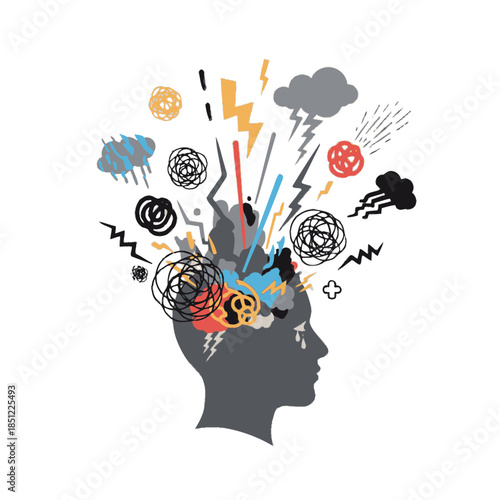 Abstract Illustration of a Human Head with Overlapping Storm and Brainstorm Elements Demonstrating
