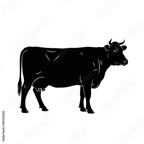 A striking silhouette of a black cow standing gracefully in a side profile view