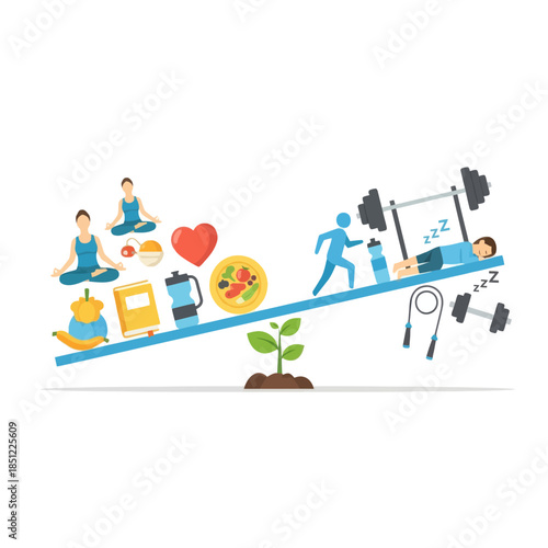 Balanced Lifestyle Illustration Highlighting Fitness Meditation Nourishing Habits and Wellbeing