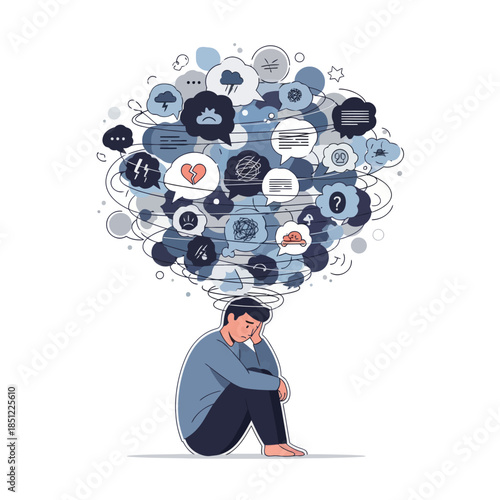 Young man overwhelmed by a multitude of digital communication icons symbolizing social media and