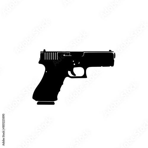 Black silhouette of a modern semi-automatic pistol handgun on a white background