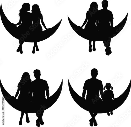 Romantic Couples and Family Silhouettes Sitting on Crescent Moons - Dreamy Vector Art