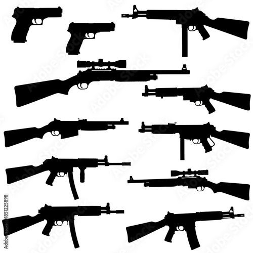Diverse collection of weapon silhouettes featuring pistols, rifles, and shotguns