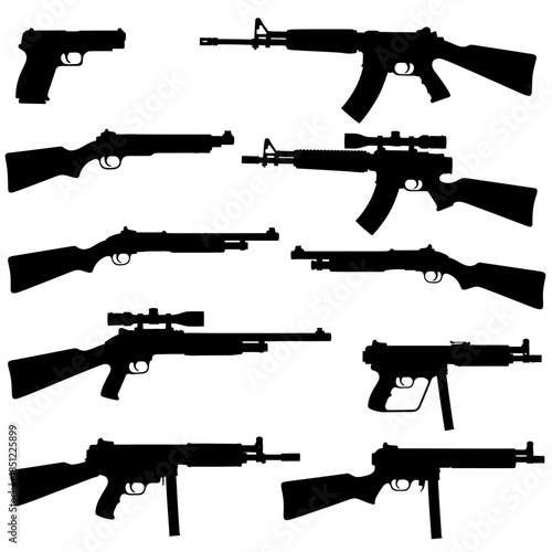 Diverse array of weapon silhouettes, featuring pistols, rifles, and shotguns, on a stark white background