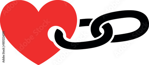 Red Heart Connected to Black Chain Link Symbolizing Love Bond, Relationship Strength, Commitment Icon