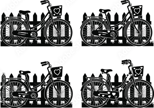 Set of Four Vintage Bicycles with Heart Baskets Against a Picket Fence - Romantic & Classic Silhouettes