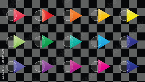 Fifteen colorful play buttons with circles on a checkered background