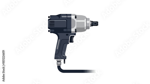 A close-up of a corded drill on a white background
