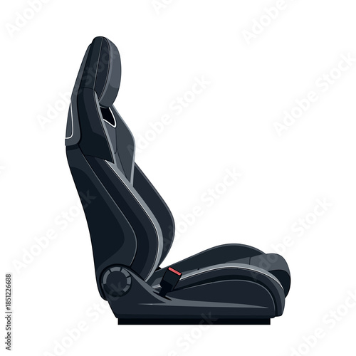 A sleek black car seat is showcased from the side against a plain white background.