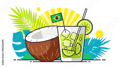 A refreshing coconut drink with lime and straw on a tropical background with a Brazilian flag