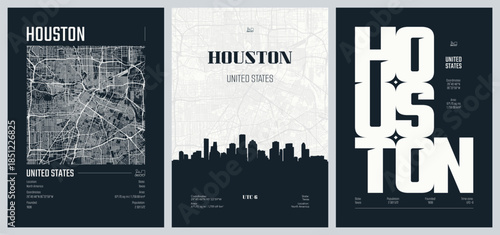 Set of travel posters with Houston, detailed urban street plan city map, Silhouette city skyline, vector artwork, set 2