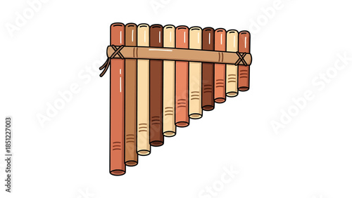 Illustration of a pan flute with colorful pipes tied together, showcasing a musical instrument in a simple background