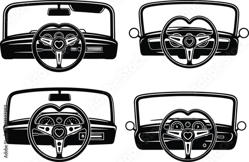 Four Unique Retro Car Interiors: Heart Steering Wheel Designs for Vintage Automotive Themes
