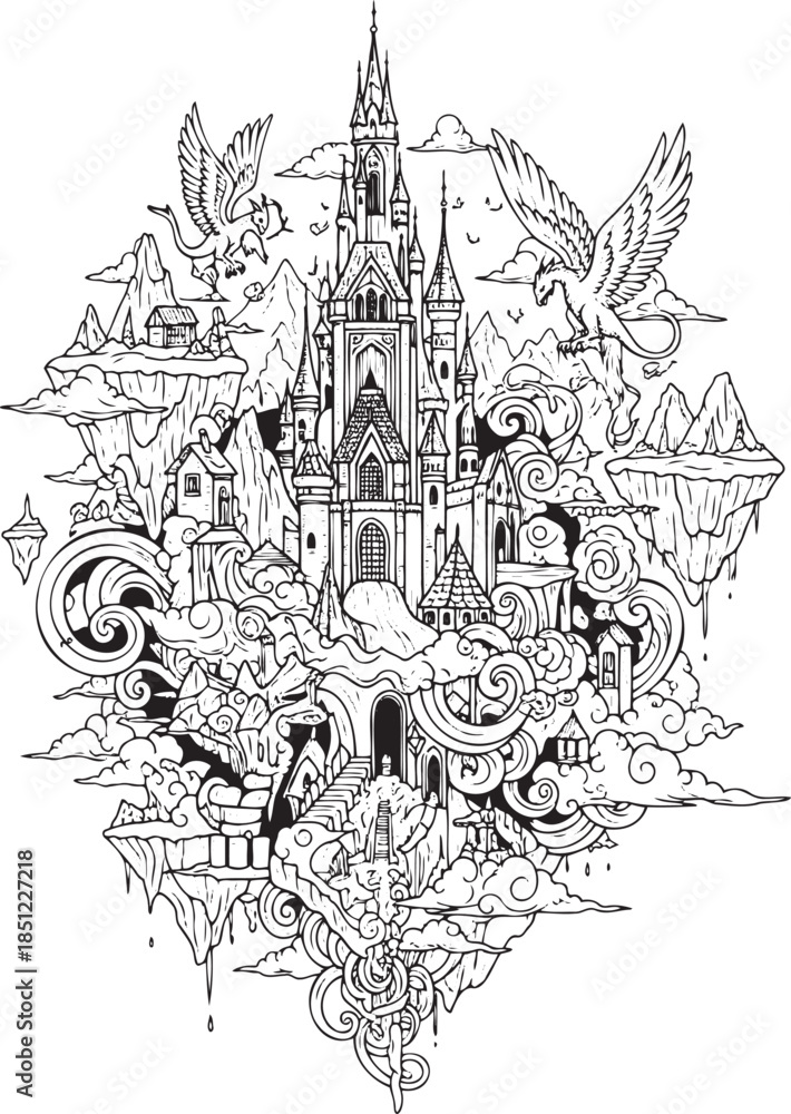 Naklejka premium Intricate Fantasy Castle Illustration on Floating Island with Dragons and Clouds