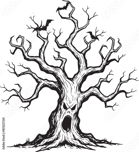 Spooky Haunted Tree Illustration with Screaming Face and Flying Bats