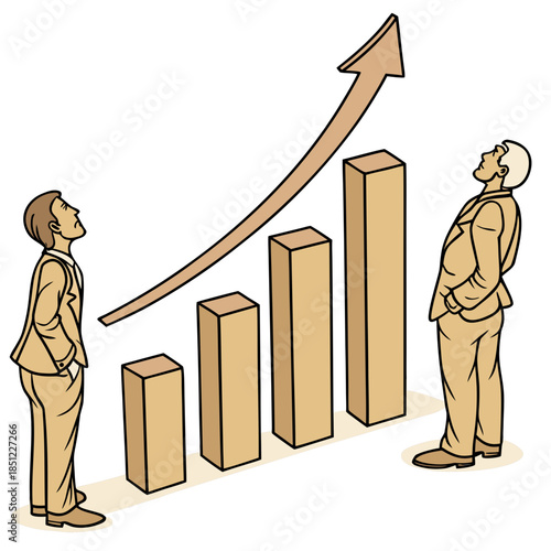 Two businessmen looking up at rising bar graph with arrow