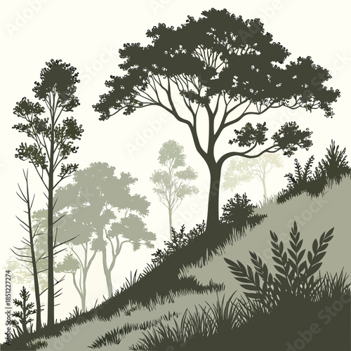 Forest land with layered ground contours and trees in shades of green