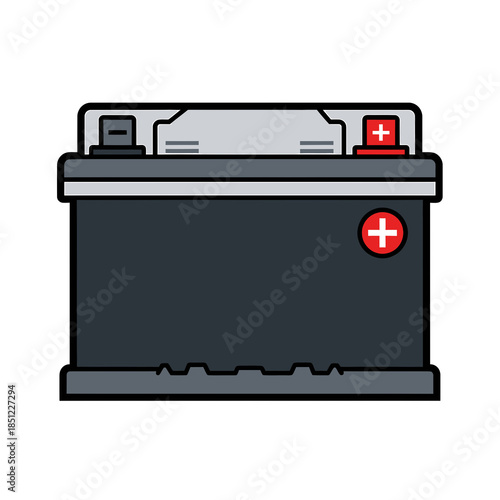 Car battery illustration with positive terminal highlighted in a simple graphic design