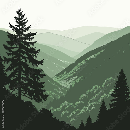 Green mountain valley opening into horizon realistic