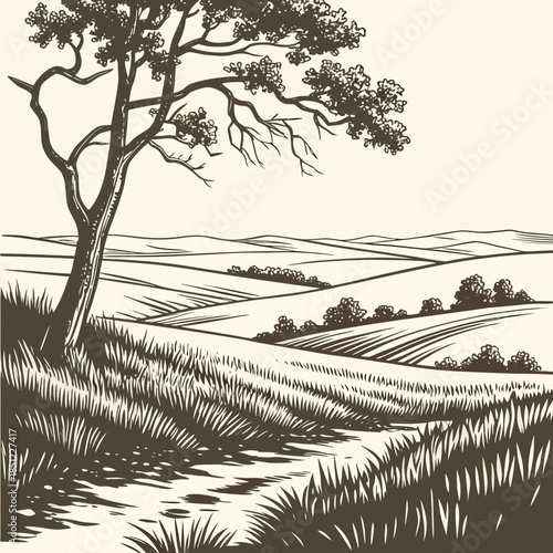 Sepia tree on rolling hills with fields and grass landscape