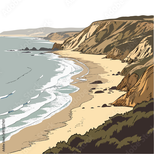 Coastal shoreline viewed from slight angle with sandy beach and rocky cliffs