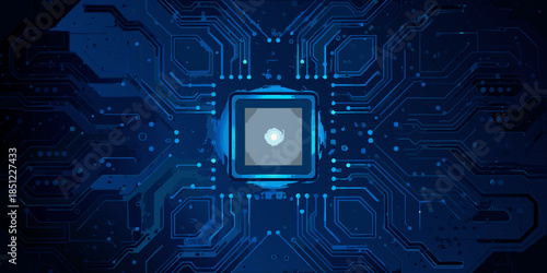 Abstract blue circuit board pattern with a central glowing square element