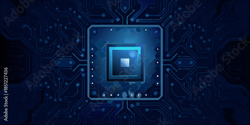 Abstract circuit board with a central microchip design in shades of blue