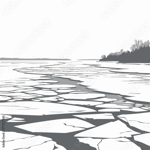 Frozen lake with cracked ice and shoreline trees winter landscape