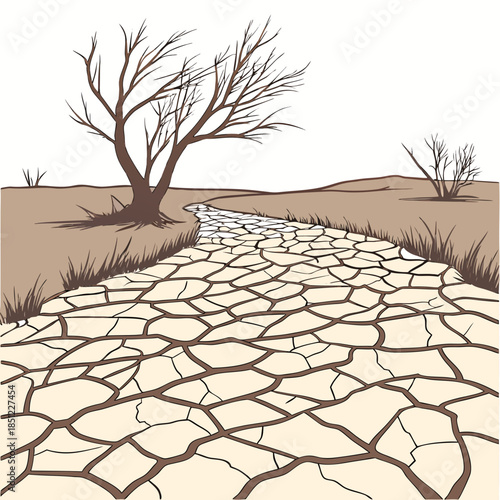 Desert land with cracked clay patterns and bare trees