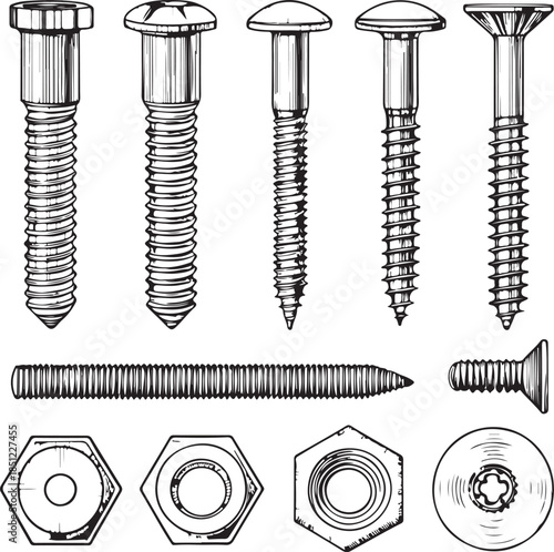 Detailed illustration of various screws and nuts in black and white