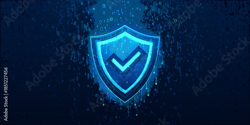 Glowing blue shield with a checkmark symbol on a dark background