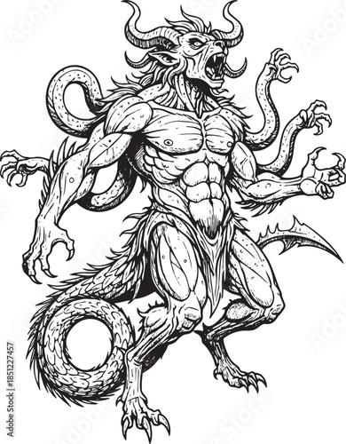 Mythological Multi-Armed Demon Hybrid Line Art Illustration for Tattoo Design