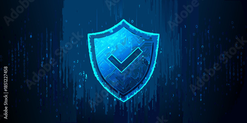 Digital security shield with a checkmark symbol on a dark blue background