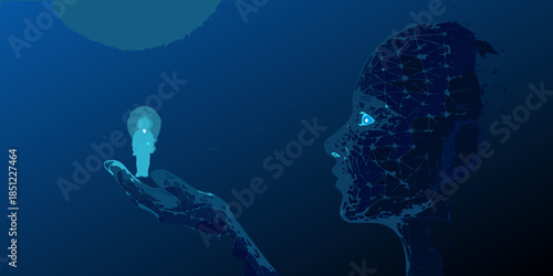 A digital human profile holds a glowing flame against a dark blue background