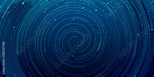 Abstract blue spiral design with concentric circles and scattered glowing dots