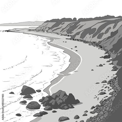 Grayscale of rocky coastal shoreline from slight angle