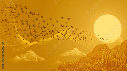 Golden sunrise with flying bees over abstract countryside landscape, eco friendly vector background with warm copy space