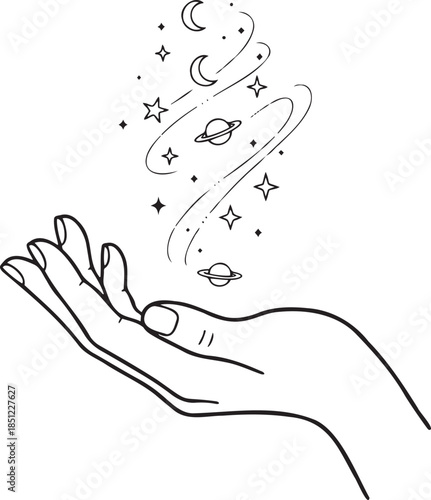 Mystical Hand Reaching for Planets and Stars Line Art Illustration
