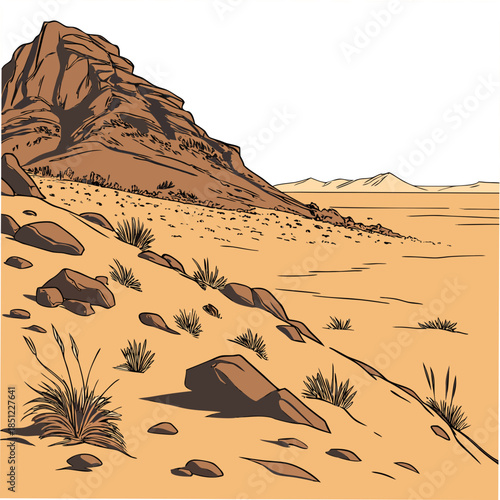 Desert flatland with sun baked surface realistic rocky outcrop