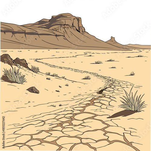 Desert landscape with cracked dry earth and rocky outcrop