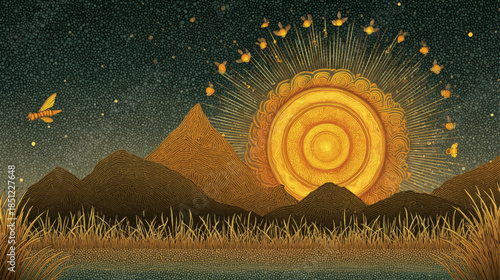 Mystical golden sun and flying bees above abstract mountains, symbolic nature vector background for storytelling and branding