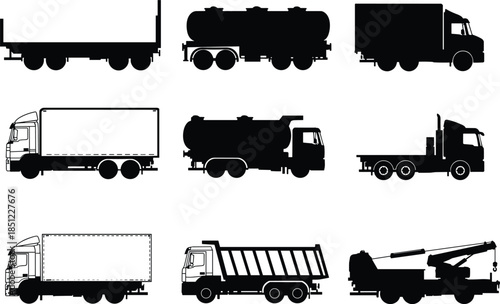 Black and white truck silhouettes collection, flatbed, tanker, cargo, dump truck, crane, heavy transport vehicles, logistics, freight, transportation icons