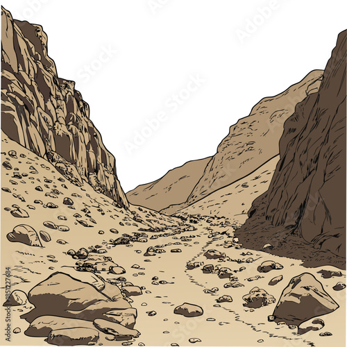 Rocky desert corridor between hills realistic dry landscape