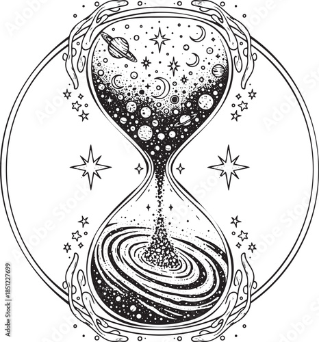 Celestial Hourglass with Galaxy and Planets Line Art Illustration