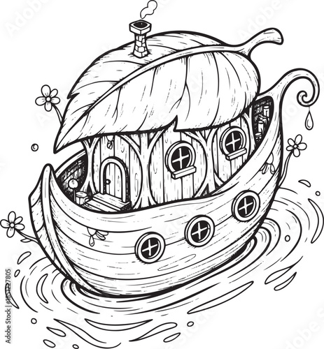 Whimsical Fantasy Houseboat with Leaf Roof and Chimney Illustration