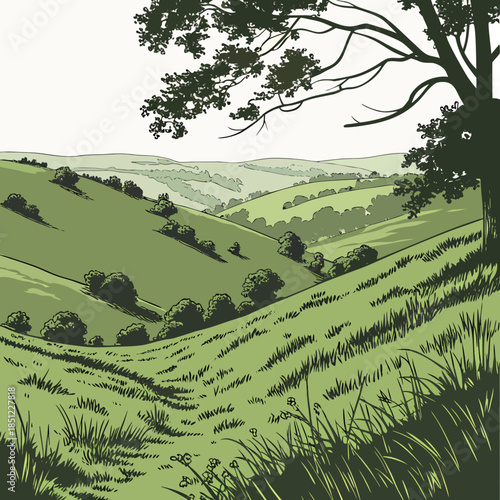 Green hillside with tree and rolling hills grass landscape