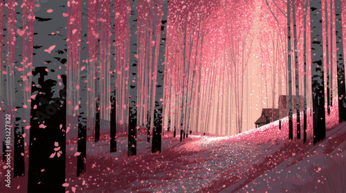 Dreamy pink forest with falling petals and hidden house, fairytale style vector background for emotional storytelling
