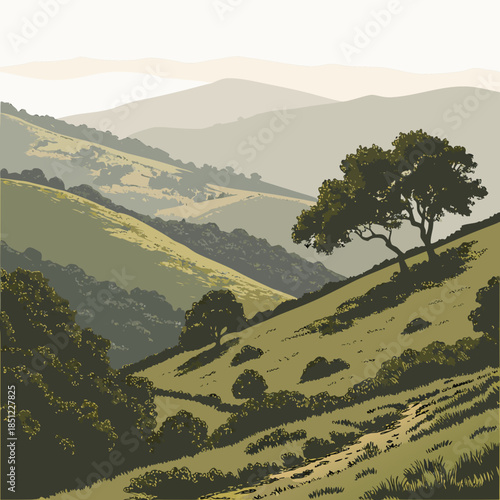 Rolling hills with trees and bushes on a green landscape